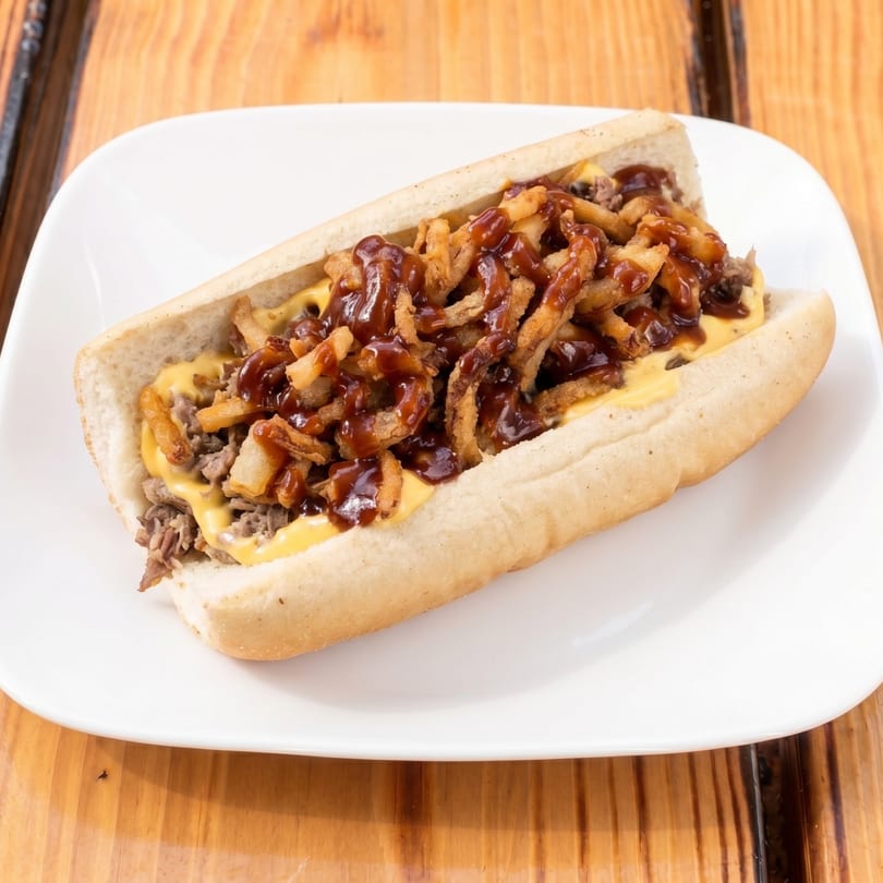 A BBQ cheesesteak with crispy fried onions and melted cheese on a white plate.