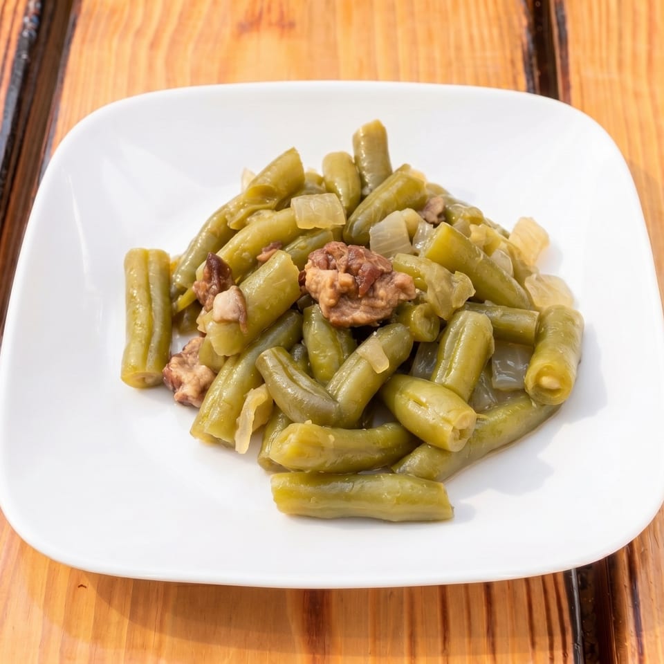 A white square plate filled with green beans, onions, and small pieces of meat on a wooden table.