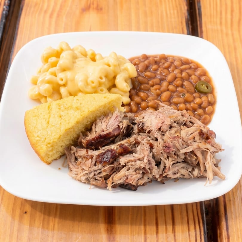 A white plate with pulled pork, macaroni and cheese, baked beans, and cornbread on a wooden table.